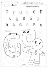 Letter Coloring Worksheet for Kids Activity Book. For Letter G upper and lower case. Preschool tracing lines, shapes and coloring practice for toddler and teacher. Black and white Vector printable