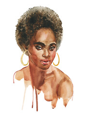 Watercolor portrait of African woman with Down Syndrome. Hand drawn fashion illustration. Inclusive concept - 674825426