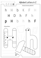 Letter Coloring Worksheet for Kids Activity Book. For Letter H upper and lower case. Preschool tracing lines, shapes and coloring practice for toddler and teacher. Black and white Vector printable 