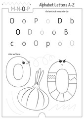Letter Coloring Worksheet for Kids Activity Book. For Letter O upper and lower case. Preschool tracing lines, shapes and coloring practice for toddler and teacher. Black and white Vector printable