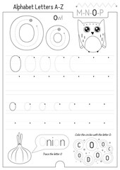 Letter Tracing Worksheet for Activity Book for kids. For Letter O upper and lower case. Preschool tracing and writing practice for toddler and teacher. Black and white Vector printable page