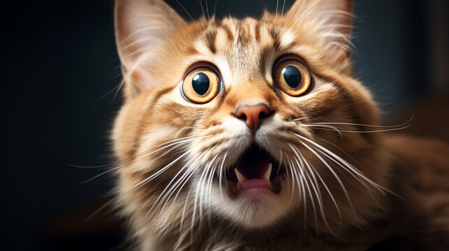 Siberian cat with wide open mouth on a dark background with surprised expression