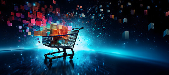shopping cart brimming with colorful cubes set against a blue technology backdrop. Ideal for e-commerce and digital marketplaces - obrazy, fototapety, plakaty