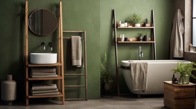 View of interrior of lavatory room in loft style. Modern design of restroom with green rug, towel rack and wooden shelf. Concept of decor accessories