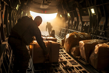 Dedicated soldiers meticulously loading cargo onto a military transport aircraft, showcasing their precision and teamwork in critical logistical operations