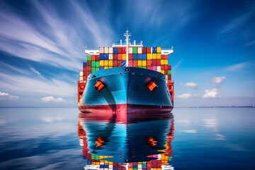 Front view of a colossal container ship sailing across the serene blue ocean on a sunny day, transporting goods from around the world. A symbol of global trade and globalization
