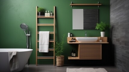 View of interrior of lavatory room in loft style. Modern design of restroom with green rug, towel rack and wooden shelf. Concept of decor accessories