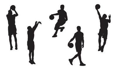Collection of silhouettes basketball players in various poses