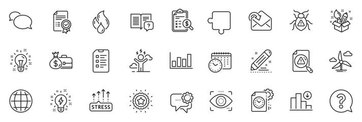 Icons pack as Winner star, Inspiration and Idea line icons for app include Checklist, Flammable fuel, Globe outline thin icon web set. Decreasing graph, Software bug, Brand contract pictogram. Vector