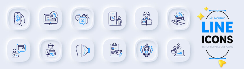 Clown, Wallet and Skin care line icons for web app. Pack of Woman read, Checklist, Ecology app pictogram icons. Face id, Teamwork, Like video signs. Delivery discount, Phone video, Work home. Vector