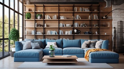 View of interrior of spacious living room with big blue sofa. Bright decoration of appartment with bookshelf, TV, wide window and curpet on wooden floor. Concept of loft style - obrazy, fototapety, plakaty