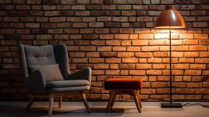 View of restplace in loft appartment with big wooden chair. Interrior of modern flat with brick wall with two lampshades. Concept of comfortable design