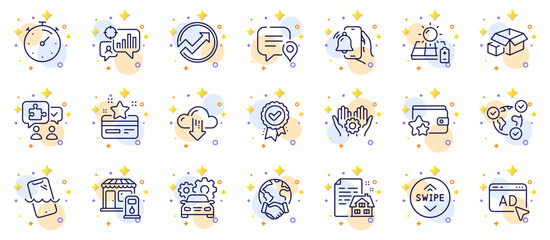 Outline set of Loyalty program, Puzzle and Employee hand line icons for web app. Include Loyalty card, Smartphone waterproof, Timer pictogram icons. Seo statistics, Global business, Ad signs. Vector - obrazy, fototapety, plakaty