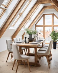 Obraz premium New style dining room with solid wooden table, white chair, chandelier and decorative glass roof