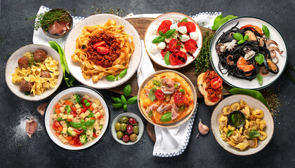 Italian food dishes on dark background. Traditional food concept.