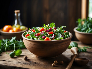 A salad made of fresh greens in a wooden rustic plate