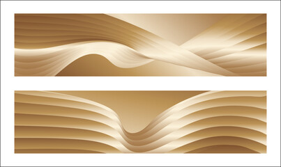 Wavy golden parallel gradient lines, ribbons, silk. Golden with shades of yellow background, banner, poster. Set of 2 backgrounds. Eps vector