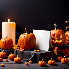 Halloween pumpkins with blank card and candles on black background