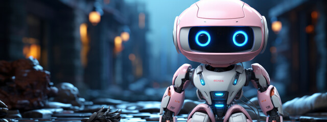 Technology development concept. One cute orange robot on blue background. Futuristic future style. Use of artificial intelligence tools. banner