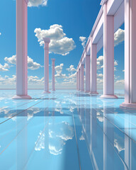 surrealism and art, infinity concept. pink columns against the sky with clouds. escape from reality.