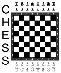 Vector art with black and white chessboard with all pieces, art, drawing.