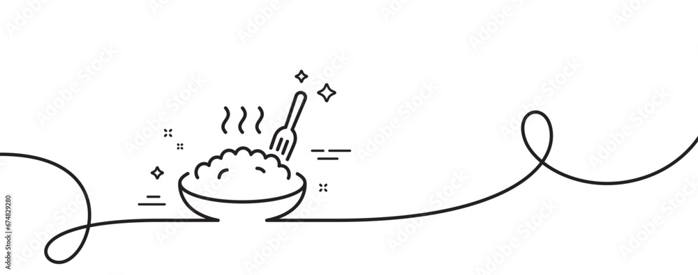 Poster porridge line icon. continuous one line with curl. bowl of rice or oats sign. millet food symbol. po
