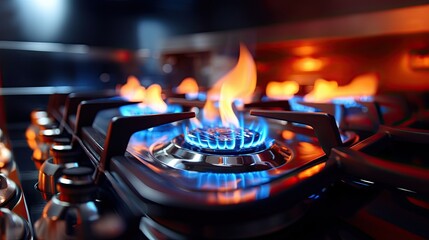 Natural gas burner from a kitchen gas stove - obrazy, fototapety, plakaty