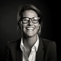 portrait noir et blanc studio sur fond noir d'une femme d'affaires, cheffe d'entreprise, souriante et épanoui, heureuse et sûre d'elle - obrazy, fototapety, plakaty