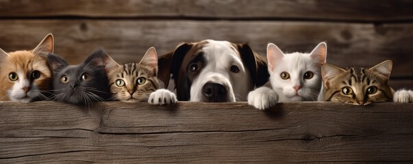 Dogs and Cats, peeking over the clear wooden top line, petshop banner, happy, smile, funny. Generative AI image weber.