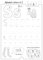 Letter Tracing Worksheet for Activity Book for kids. For Letter S upper and lower case. Preschool tracing and writing practice for toddler and teacher. Black and white Vector 