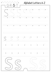 Learning to trace and writing kids activity worksheet. Page letter S for kids tracing textbook, uppercase and lowercase. Lined sheet for kids exercise book. Black and white Vector illustration.