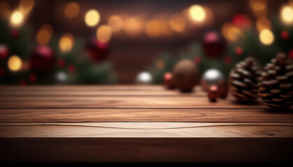 Empty wooden table with christmas theme in background