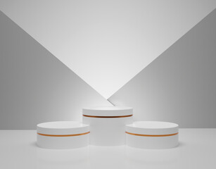 Abstract white 3D room with realistic white cylinder pedestal podium set and palm leaf shadow overlay. Minimal scene for product display presentation. shine silver cylinder pedestal podium. 3D Render