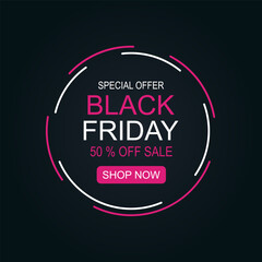 Black friday sale banner design template. Pink and white colors on a dark background. Black friday banner. Vector illustration