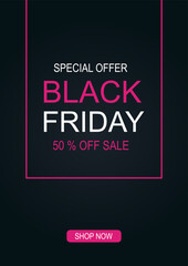 Black friday sale banner design template. Pink and white colors on a dark background. Black friday banner. Vector illustration