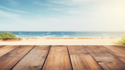 Fototapeta na wymiar Empty wooden table with tropical beach theme in background