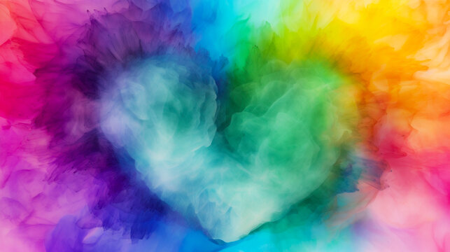 Watercolor rainbow heart background.