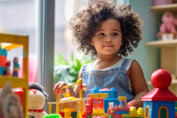 A cute little girl with curly hair playing with colourful toys.