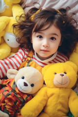 Fototapeta na wymiar Cute little girl playing in stuffed animals toys.
