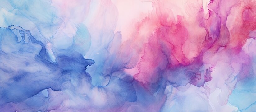 The artist used a watercolor technique on a textured paper to create a creative background for the design blending different shades of blue and pink with the brush strokes creating a unique 
