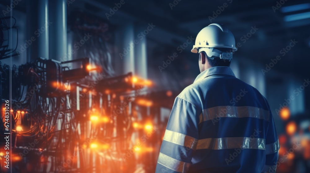 Poster a man in a hard hat standing in front of a factory. generative ai.