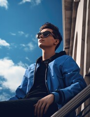 A young man in sunglasses and a blue jacket sitting on a ledge. Generative AI.