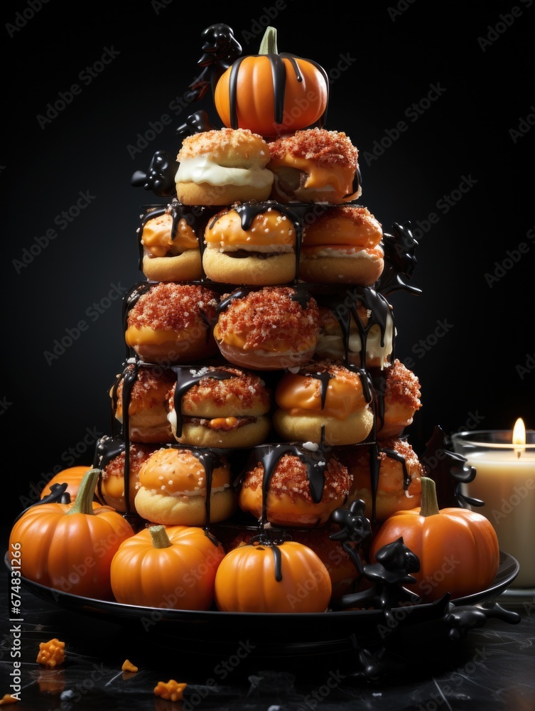 Poster A tower of donuts with pumpkins and candles. Generative AI.