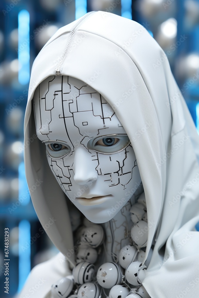 Poster a white robot with a hoodie on. generative ai.