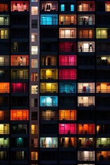 Colorful apartment building lit up at night. Generative AI.