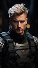 Obraz premium A man with blonde hair and a black armored suit. Generative AI.