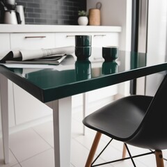 A green table with a black chair in front of it. Kitchen. Generative AI.