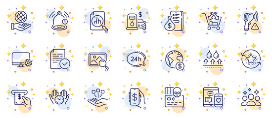 Fototapeta na wymiar Outline set of Social media, 24h service and Electronic thermometer line icons for web app. Include Atm service, Safe planet, Squad pictogram icons. Filling station, Safe time. Vector
