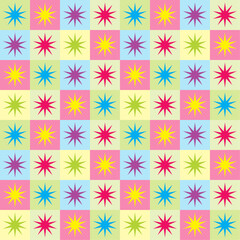 Quilt vintage style design with squares and star bursts in a seamless repeat pattern - Vector Illustration