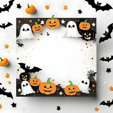 Halloween background with pumpkins ghosts and bats
